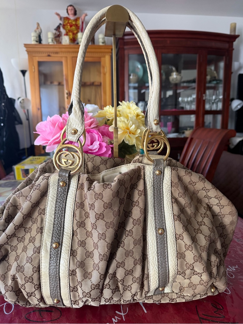 Gucci Beige and Brown Monogram Shoulder Bag with Gold Hardware